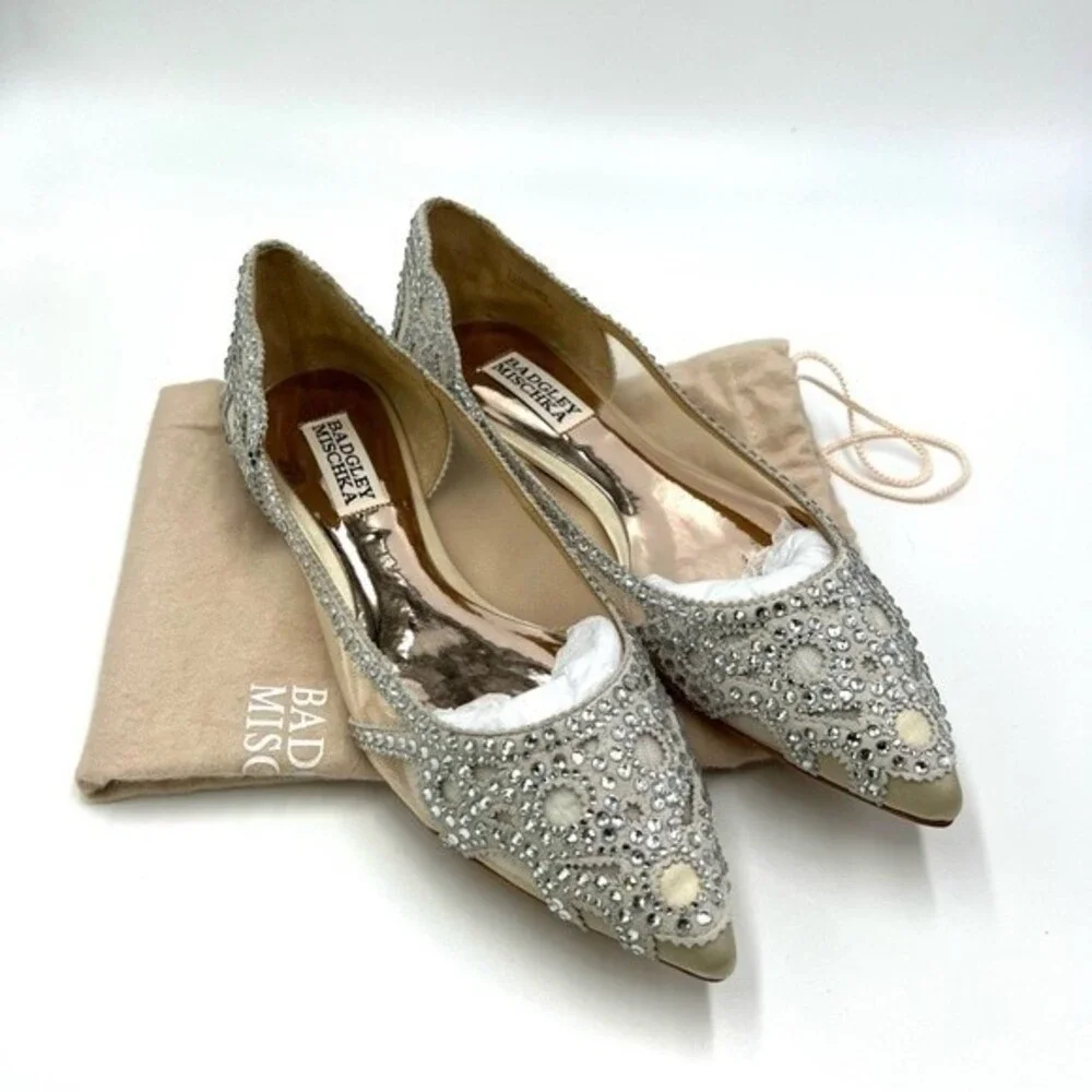 Badgley Mischka BHLDN Size 6.5 Gigi Point Toe‎ Jeweled Ivory Ballet Flats Shoes